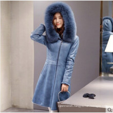 Lady′s Hooded Shearling and Lamb Leather Coat Long Style